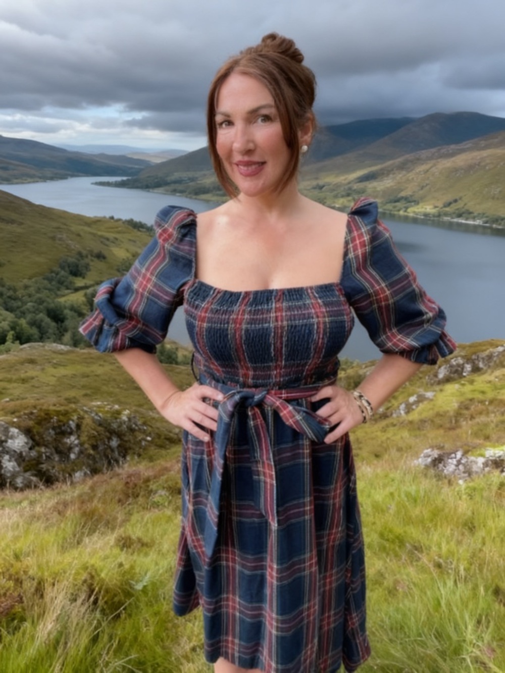 Plaid Off-Shoulder Maxi Dress with Waist Tie - Navy/Red - Picture 2 of 5